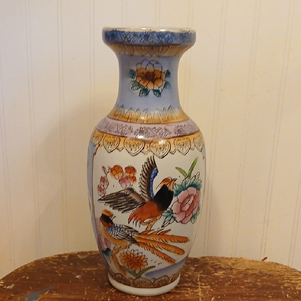 Vintage Multicolor Ceramic Vase with Bird Design